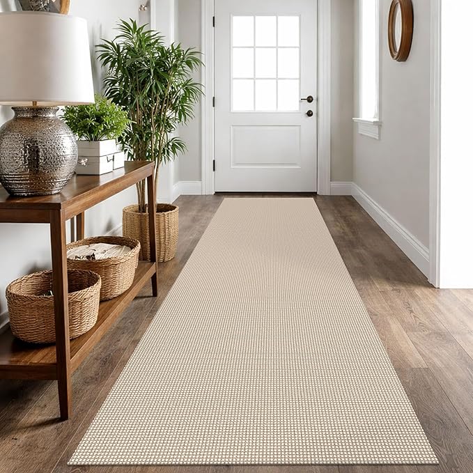 IOHOUZE Washable Runner Rug 2.6x10 Non Slip Rubber Backed Long Hallway Runner Entryway Runner Indoor, Kitchen Rugs Woven Cotton Floor Carpet for Hall Entrance, Beige/Khaki