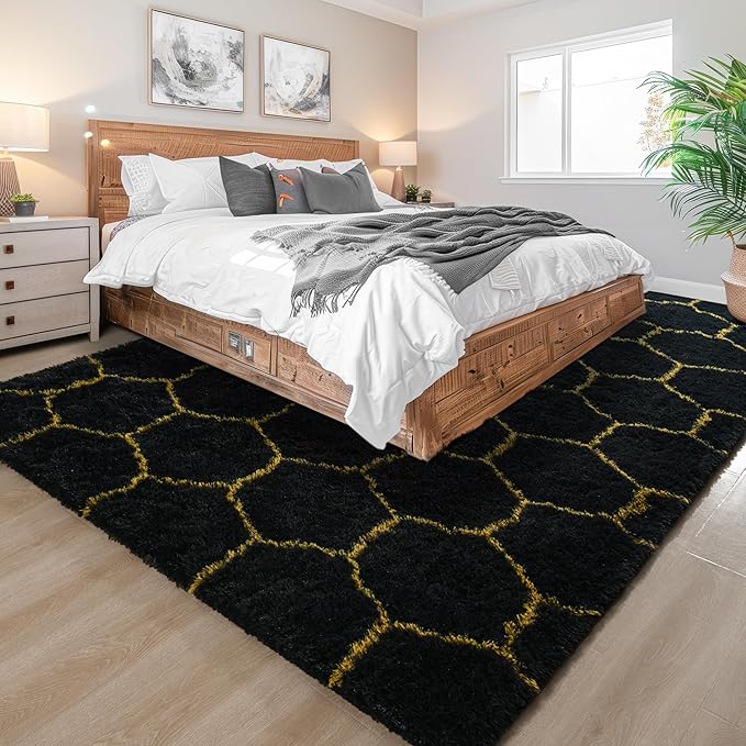 Fluffy 6x9 Area Rugs for Bedroom Living Room,Thick Shag Throw Floor Carpet,Soft Shaggy Bedside Non-Slip Rug Black Gold