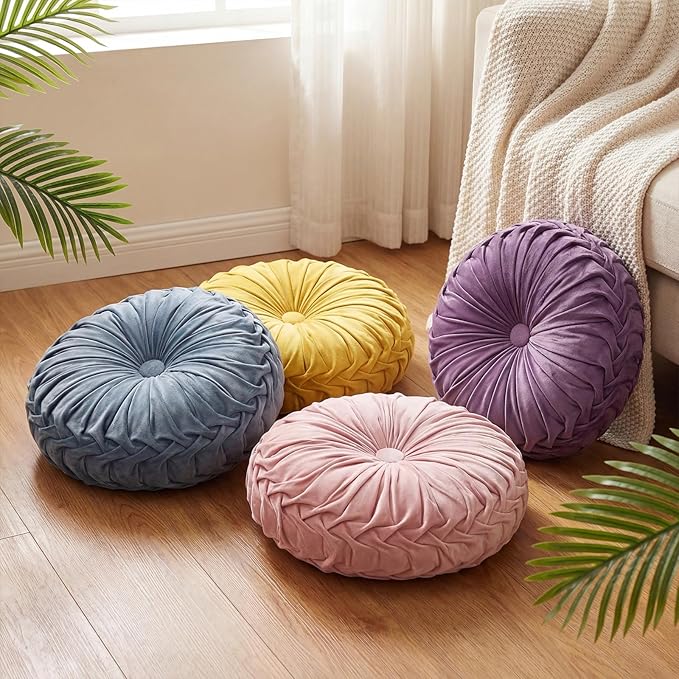 Kathfly Set of 4 Decorative Round Pleated Throw Pillows, Classy Velvet Pumpkin Round Throw Pillows, Decorative Floor Pillow for Bed Chair Home Sofa Decor, 14" Diameter(Pastel Color)