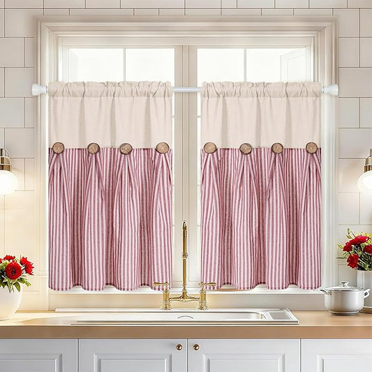 ASPMIZ Linen Kitchen Curtains 24 Inch Length, Farmhouse Boho Button Kitchen Window Curtain Over Sink, Red Stripe Short Curtains for Small Windows, Bathroom, Rod Pocket Window Treatment Tiers