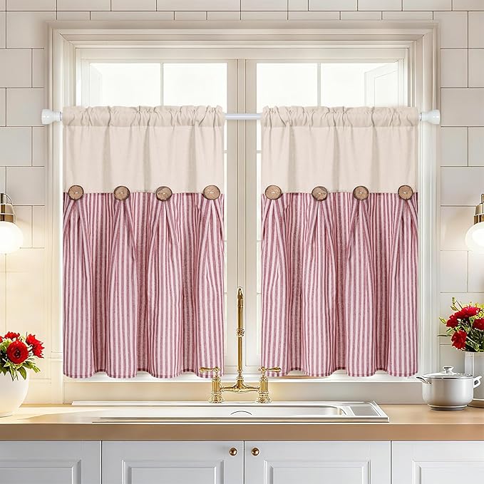 ASPMIZ Boho Linenn Kitchen Curtains 36 Inch Length, Farmhouse Kitchen Window Curtain Over Sink, Red Stripe Short Curtains for Small Windows, Bathroom, Rod Pocket Window Treatment Tiers with Button