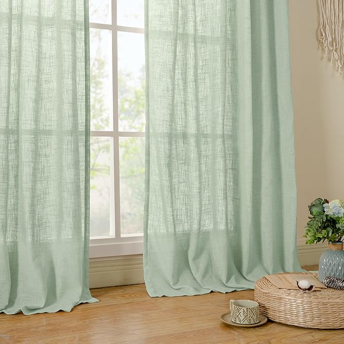 LAMIT Linen Curtains 90 Inch for Living Room, Back Tab and Rod Pocket Linen Textured Farmhouse Curtains Light Filtering Drapes for Bedroom/Dining Room, Fresh Green, Set of 2, 52 x 90 Inch