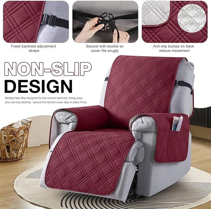 TAOCOCO 100% Waterproof Recliner Chair Cover, Small Recliner Covers for Recliner Chair with Pocket, Non Slip Reclining Chair Cover Furniture Protector for Kids, Pets(20'', Wine)