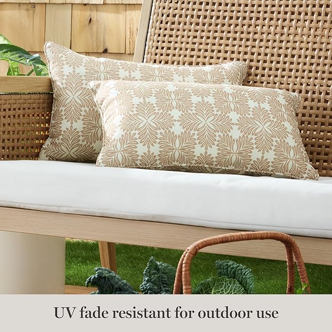 Martha Stewart Tulum Indoor Outdoor Decorative Lumbar Pillow 2-Pack Set, UV Fade Resistant, Water Repellent, Printed Modern Design, Taupe, 11"x18"