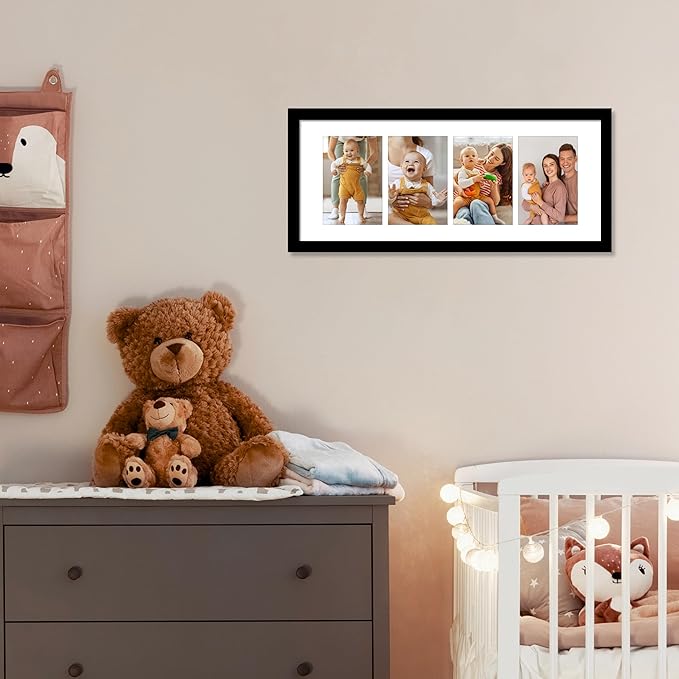 VIOLABBEY 8x20 Collage Picture Frame - Fits Four 4x6 Photos with Mat or One 8x20 Picture without Mat - Black Wall Decor