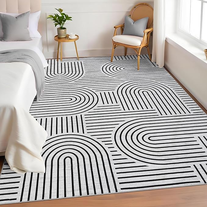 ROYHOME Washable Rug 8x10 Area Rugs for Living Room, Abstract Rug for Bedroom, Soft Rainbow Non Slip Rugs with Rubber Back, Low Pile Stain Resistant Boho Geometric Carpet for Dining Room, Blackwhite