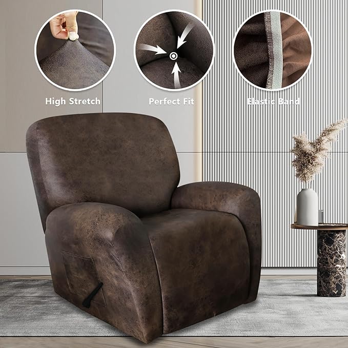 ANARACHON Recliner Chair Covers Leather Like, 4 Pieces Recliner Cover for Recliner Chair, Soft Sofa Slipcover Furniture Protector Washable Sofa Cover for Pets Kids (X-Large, Dark Brown)