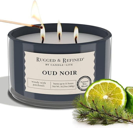 Candle-Lite Scented Candles for Men, Oud Noir Fragrance, 16.25 oz Jar, 3-Wick, 51 Hours of Burn Time, Masculine Aromatherapy with Long Lasting Scent, Ideal Gift for Father's Day and Home Decor