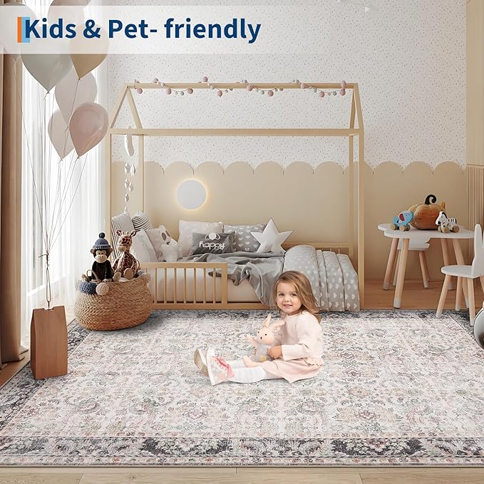 GarveeHome Vintage Floral Area Rug 8x10 Large Soft Washable Rugs for Living Room, Ultra-Soft Retro Distressed Neutral Carpet, Low Pile Non Slip Oriental Floor Mats for Bedroom, Nursery, Beige