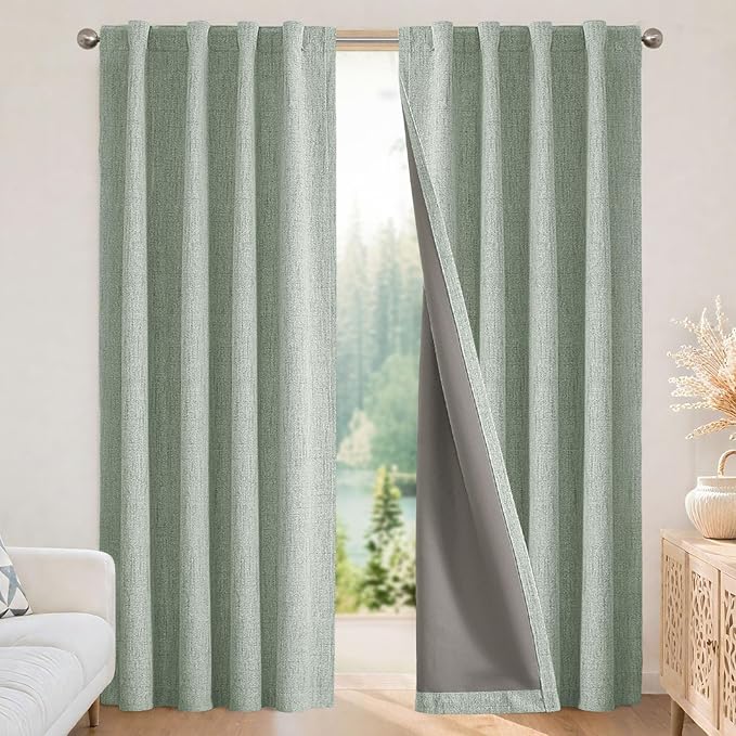 Joydeco Linen Blackout Curtains for Bedroom - 100% Light Blocking 1 Panels, Sage Green Drapes 70" W x 90" L, Thermal Insulated Room Darkening Curtains for Living Room, Rod Pocket & Back Tabs