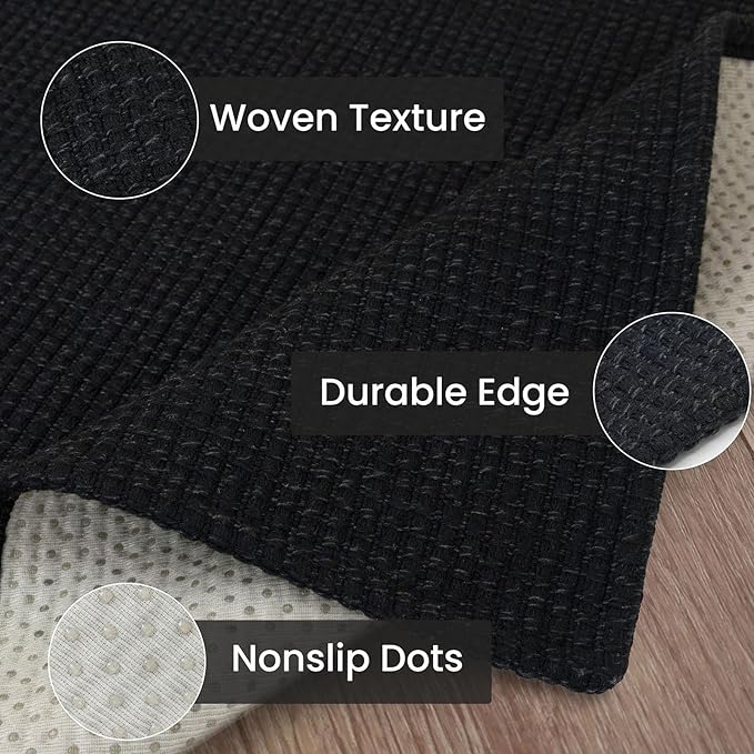 IOHOUZE Washable Runner Rug 3x12 Non Slip Rubber Backed Extra Long Hallway Runner Entryway Runner Indoor, Kitchen Rugs Woven Cotton Floor Carpet for Hall Entrance Stair, Black/Grey
