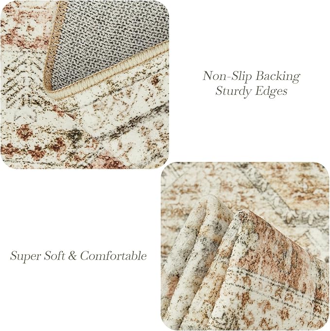 Soalmost 9x12 Area Rugs for Living Room, Non Slip Machine Washable Vintage Rugs, Low Pile Lightweight Large Rug for Bedroom, Dining Room, Home Office Brown Pink