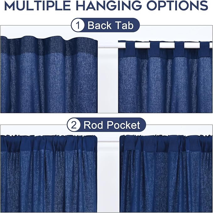 ASPMIZ Cotton Linen Farmhouse Curtains for Living Room, Boho Rustic Button Window Curtain Panels, Blue Striped Curtains for Bedroom, Country Back Tab Modern Drapes for Windows 52 x 63 Inch 2 Panels
