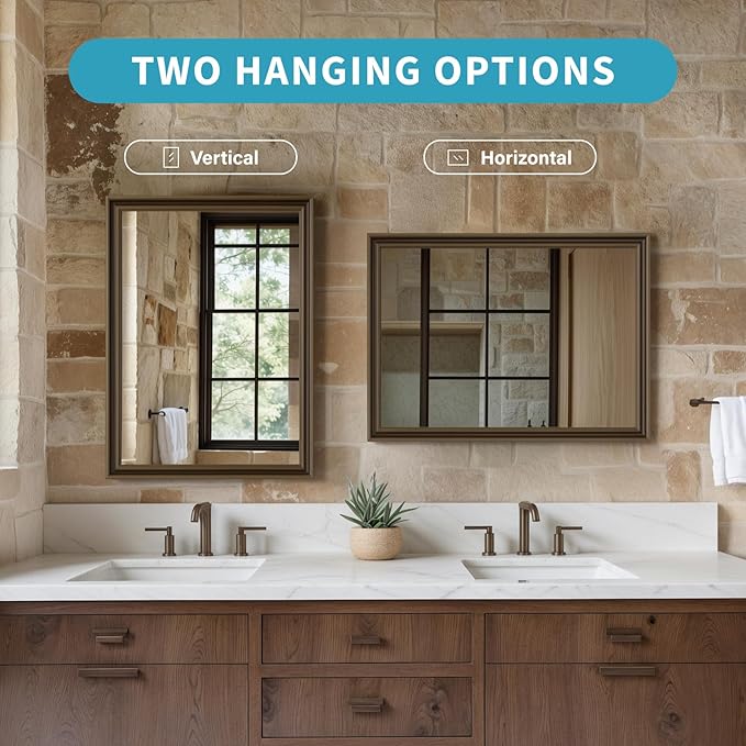 Retro Copper Effect Framed Wall Mirror, 30x36 Rectangle Mirror, Anti-desilvering Tempered Glass, Sustainable&Sturdy Frame, Anti-Rust, HD Reflection &3min Fast Setup for Bathroom Living Room