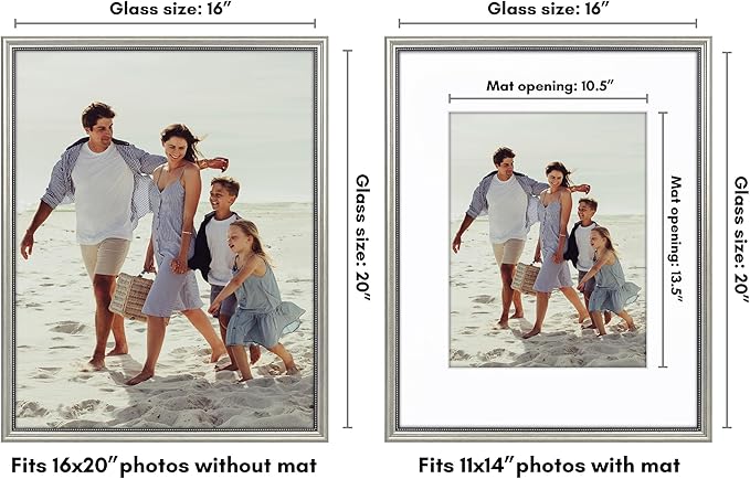 Americanflat Vintage Frames - 16x20 Picture Frame with Beaded Accents and Polished Plexiglass - Use as 11x14 Frame or Display 16x20 Photos Without Mat - Heirloom Collection - Wall Display - Silver