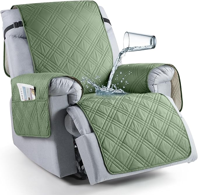 TAOCOCO 100% Waterproof Recliner Chair Covers, Non Slip Recliner Covers for Recliner Chair with Pocket, Washable Reclining Chair Cover Furniture Protector for Kids,Dogs(22'', Bean Green)