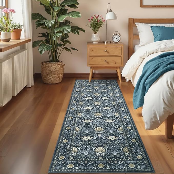 GarveeHome Washable Runner Rug 2x6, Non Slip Floral Kitchen Runner for Hallway Entryway Laundry Bathroom Mat Farmhouse Thin Stain Resistant Carpet for Bedroom Beside Rug