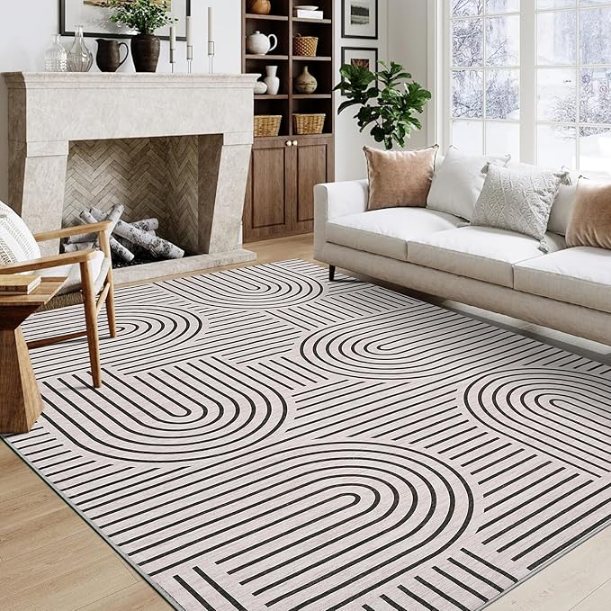 ROYHOME Washable Rug 10x13 Area Rugs for Living Room, Abstract Rug for Bedroom, Soft Rainbow Rugs with Rubber Back, Low Pile Stain Resistant Boho Geometric Rug for Dining Room, LightCamel