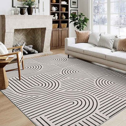 ROYHOME Washable Rug 8x10 Area Rugs for Living Room, Abstract Rug for Bedroom, Soft Rainbow Non Slip Rugs with Rubber Back, Low Pile Stain Resistant Boho Geometric Carpet for Dining Room, Light Camel