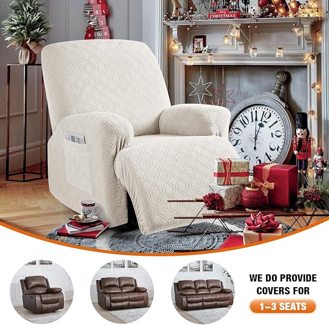 VANSOFY Recliner Chair Cover, 3-Pieces Stretch Recliner Covers for Recliner Chair Soft Reclining Chair Slipcover Furniture Protector for Dogs Cats(Off White)