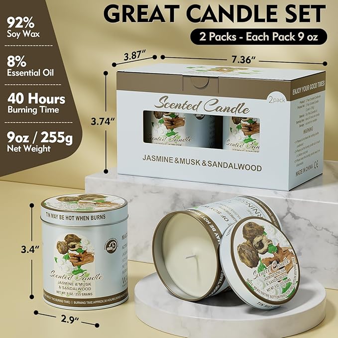 2 Pack Scented Candles (90 Total Burn Hours) - Soy Wax Candles 9 oz Each in Tin - Long Lasting Aromatherapy Candle Gift Set (Jasmine Musk Sandalwood)