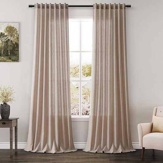 Oatmeal Linen Curtains 96 Inches Long for Living Room Rod Back Tab Vintage Rustic Farmhouse Light Filtering Curtain Burlap Textured Linen Drapes 96 Inch Length for Dinning Room Bedroom 52x96 8 FT
