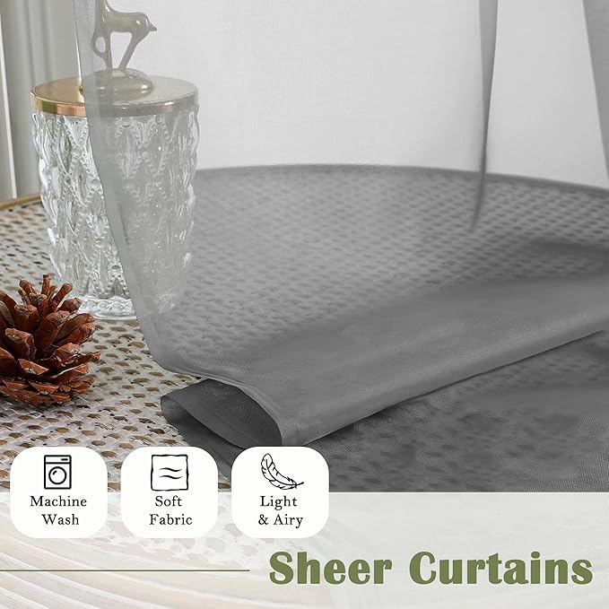 Lecloud Charcoal Grey Sheer Curtains 90 Inches Long 2 Panels Set, Dual Rod Pocket Living Room Curtains for Bedroom Decor, Light Filtering Airy Rustic Dining Room Drapes, Each Panel 59" W x 90" L
