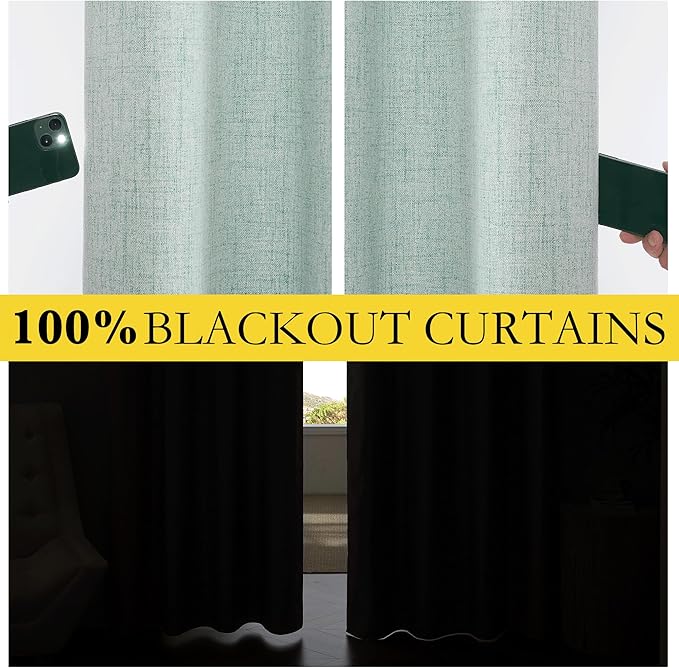 NICETOWN 100% Absolutely Blackout Linen Curtains with Thermal Insulated White Liner, Seafoam Green, 42" Wide, 84" Length Energy Saving Curtains for Living Room 2 Panels Set, Vertical Blinds
