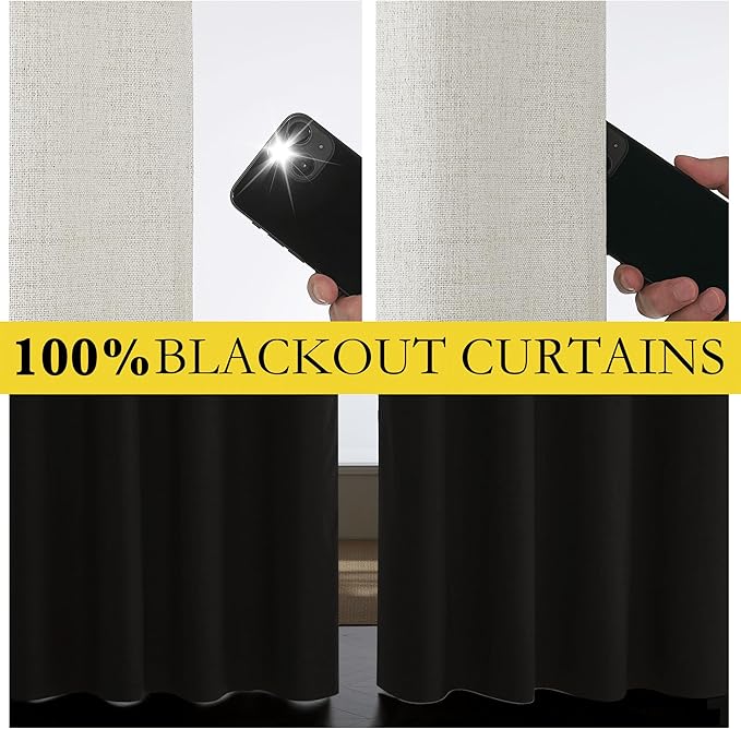 NICETOWN Snowbound Vintage Linen 100% Blackout Curtains for Living Room, Thermal Insulated Curtains 120“ Long, Noise Reducing Window Treatment Drapes for Home Office, 62" Wide Per Panel, Set of 2
