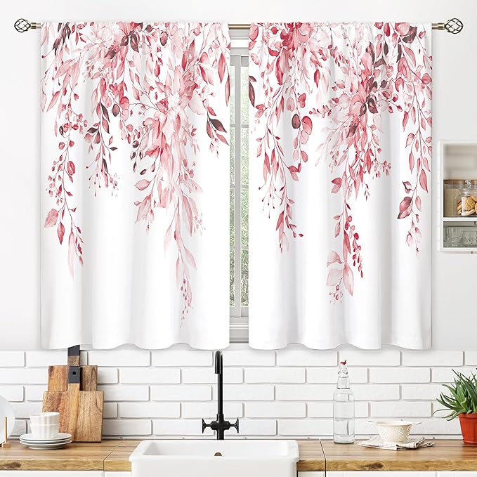 Pink Eucalyptus Botanical Leaves Floral Window Curtains Farmhouse Rustic Flower Plant Wildflower Farmhouse Curtain Drapes Herb Curtains for Bedroom Living Room Treatment 42Wx45H Inch