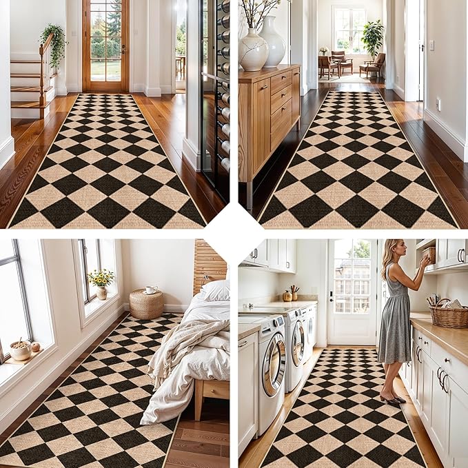 3x10 Runner Rug for Hallways: Washable Non Slip Kitchen Extra Long Jute Runners - Carpet Bathroom Office Laundry Dining Living Room - Durable Floor Mat Boho Farmhouse Decor (Black/Brown,3x10)