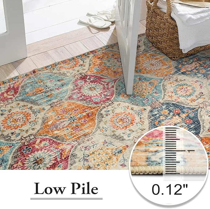 Lahome Moroccan 5x8 Area Rug, Ultra-Thin Washable Rugs for Living Room Bedroom, Soft Large Oriental Non-Slip Non Shedding Throw Large Carpet for Dining Room Office Elise, Cream/Multi