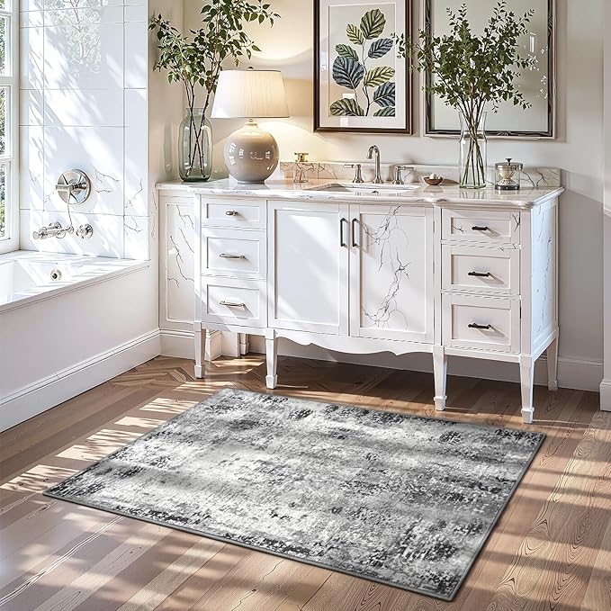 Entrance Rugs Indoor 2x4 Grey Entry Rug Washable Abstract Black Small Area Rug Non-Slip Low Pile Throw Rugs for Entryway, Kitchen Floor, Front Door Indoor Door Mat, Bathroom, Bedroom Bedside