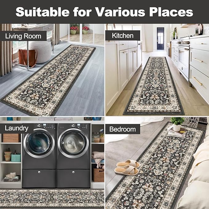 LOKHOM Washable Runner Rug, 2x10 Non-Slip Vintage Farmhouse Hallway Runner Rug with Rubber Backing, Boho Soft Faux Wool Kitchen Rug Carpet Runner for Kitchen Laundry Entryway Bedroom (Black)