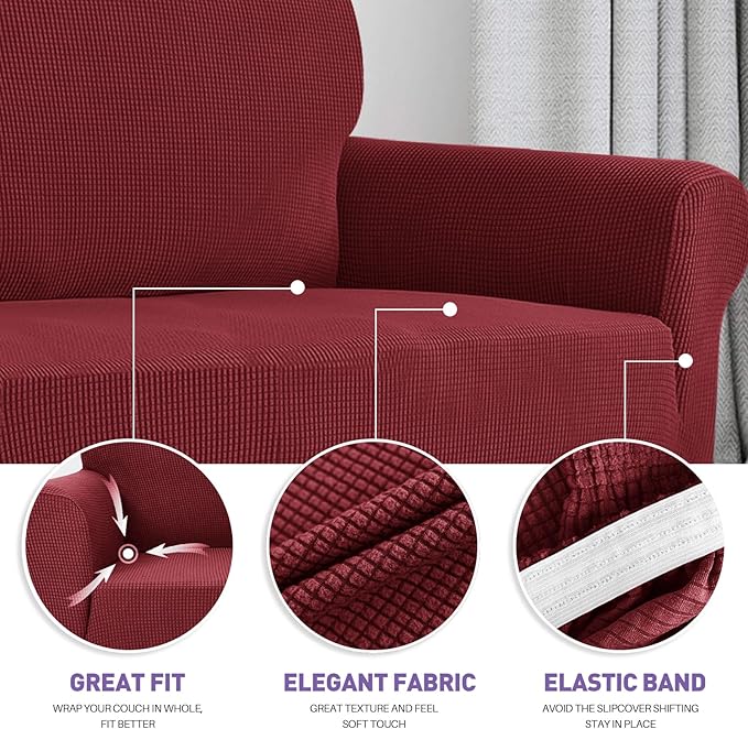 ZNSAYOTX Super Stretch Couch Cover (72"-92") Universal Sofa Covers with Elastic Bottom, Dog Cat Pets Friendly Washable Furniture Protector Fitted Sofa Slipcovers Stay in Place (Wine Red, Sofa)