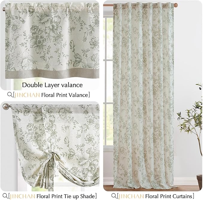 jinchan Linen Floral Valance Double Layer Kitchen Window Curtain Green Flower on Beige Valance for Living Room Cafe Farmhouse Light Filtering Rustic French Country Sage 16 Inch Rod Pocket 1 Panel