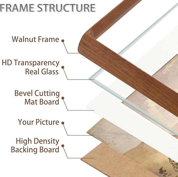 8x10 Picture Frame with Mat for 5x7/6x8, Natural Walnut Wood Handcrafted Rounded Corner with Real Glass, Vertical or Horizontal Display Photo Gallery Wall & Tabletop Frame