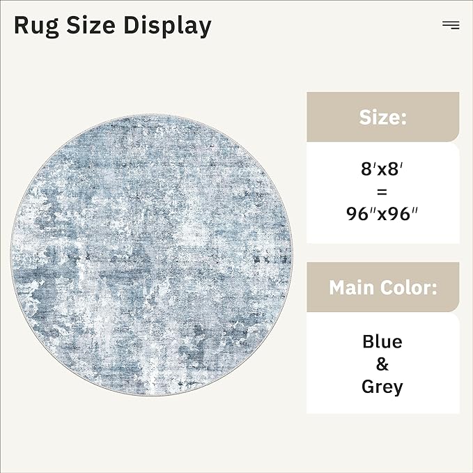 Soalmost 8x8 Blue/Grey Round Rug 8ft Living Room Circle Rug Vintage Round Area Rug Non Slip Indoor Carpet for Apartment