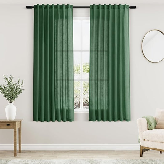 Nanspring Green Linen Curtains 63 Inches Length 2 Panels Set for Living Room Back Tab Pocket Modern Light Filtering Semi Sheer Drapes Cotton Linen Textured Green Window Curtain 52X63 Inches