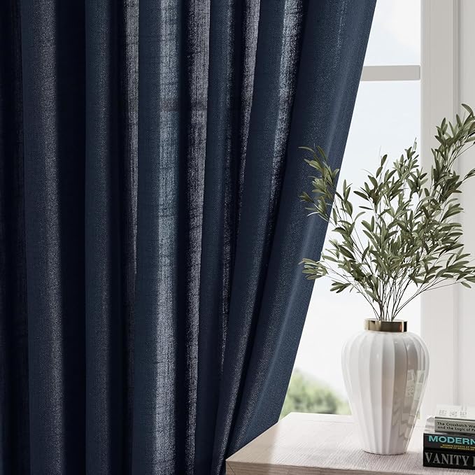 Nanspring Navy Blue Linen Curtains for Living Room 2 Panels Set Extra Long Back Tab Light Filtering Semi Sheer Curtain Drapes for Bedroom Neutral Farmhouse Ceiling to Floor for Large Window 52x100