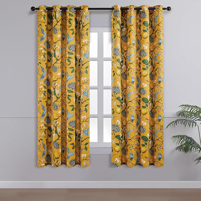 Topfinel 54 Inches Long Short Mustard Yellow Blackout Curtains for Cafe Kitchen, Grommet Room Darkening Luxury Floral Lemon Hummingbird Patterned Waverly Colorful Drapes for Living Room Bedroom