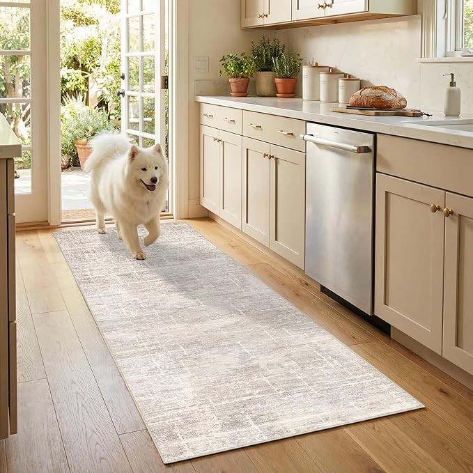 2x6 Washable Kitchen Runner Rug - Modern Abstract Neutral Carpet with Non-Slip Backing Low-Pile Stain-Resistant Thin Runners for Hallway Bathroom Bedroom Entryway (2x6, Beige)