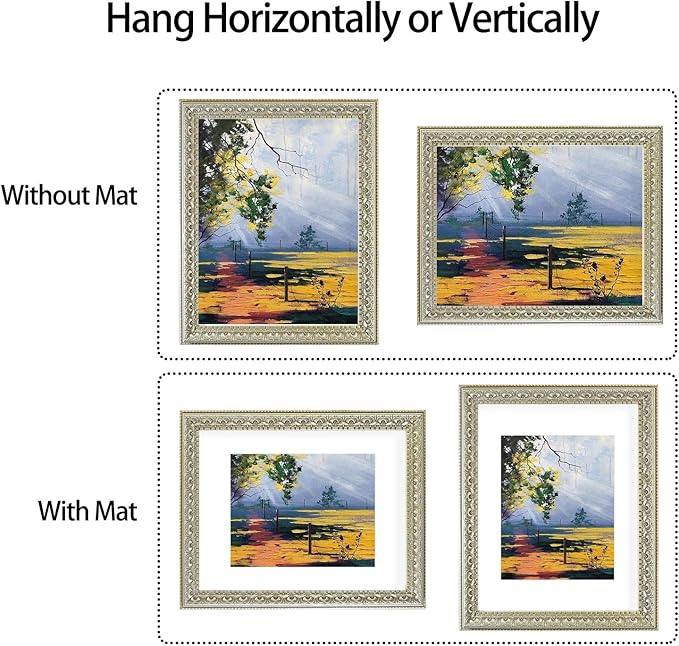 Golden State Art, 11x14 Ornate Finish Photo Frame, Silver Beige Color, with White Mat for 8x10 Picture & Real Glass
