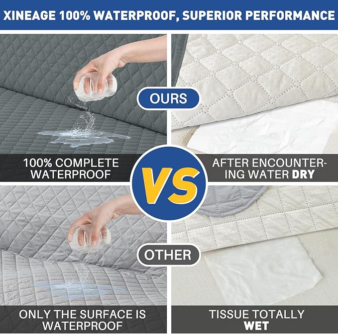 XINEAGE Quilted Chair Sofa Cover Waterproof Chair Covers for Armchair, Super Soft Washable Slipcover with Pockets & Non-Slip Elastic Straps, Thick Furniture Protector (Dark Grey)