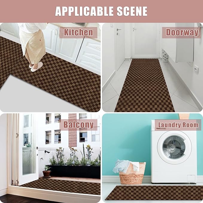 Runner Rug 3 ft x 5 ft Carpet Runners, Indoor/Outdoor Hallway Kitchen Entryway Bedroom Area Rugs with Non-Slip Rubber Backing, Garage mat, Checkered Brown, Custom
