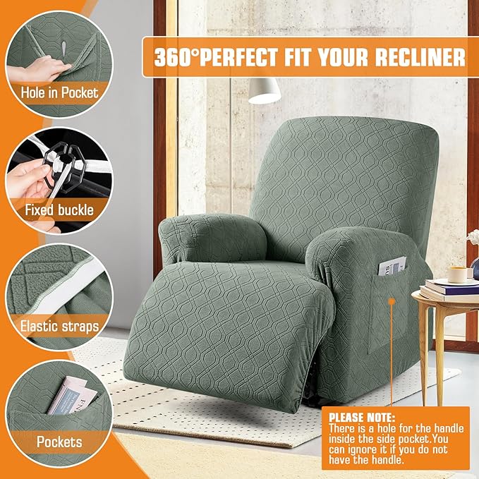 VANSOFY Recliner Chair Cover, 3-Pieces Stretch Recliner Covers for Recliner Chair Soft Reclining Chair Slipcover Furniture Protector for Dogs Cats(Bean Green)