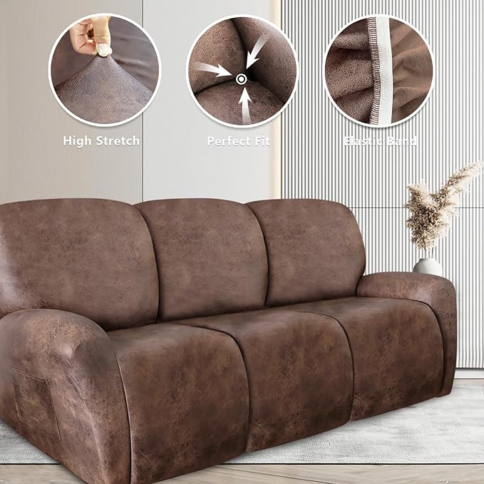 ANARACHON Recliner Couch Cover Leather Look Recliner Sofa Covers for 3 Cushion Reclining Sofa Slipcovers 8-Pieces Furniture Protector Spandex Fabric Washable (3 Seater, 02 Light Brown)