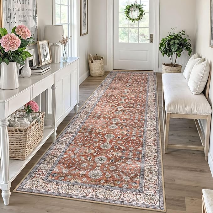 KUTA Vintage Wide Runners for Hallways 3x10 ft Washable Kitchen Runner Non Slip Red Clay Long Hall Runners Entryway Runner Rugs Floor Carpet for Indoor Backdoor Bedroom Kitchen