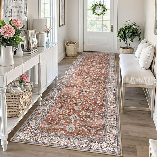 KUTA Vintage Wide Runners for Hallways 3x10 ft Washable Kitchen Runner Non Slip Red Clay Long Hall Runners Entryway Runner Rugs Floor Carpet for Indoor Backdoor Bedroom Kitchen