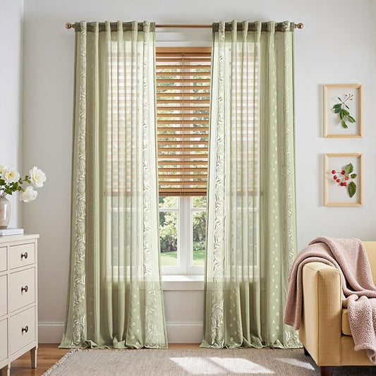 jinchan Winslow Sheer Curtains 96 Inch for Bedroom Living Room Embroidered Bordered Floral Nursery Curtains for Playroom Light Filtering, Ivory on Sage, 2 Panels, 50W x 96L